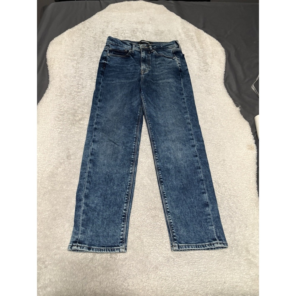 Express Mom Jeans Womens 4R Super High Rise Denim Straight Stretch Medium Wash